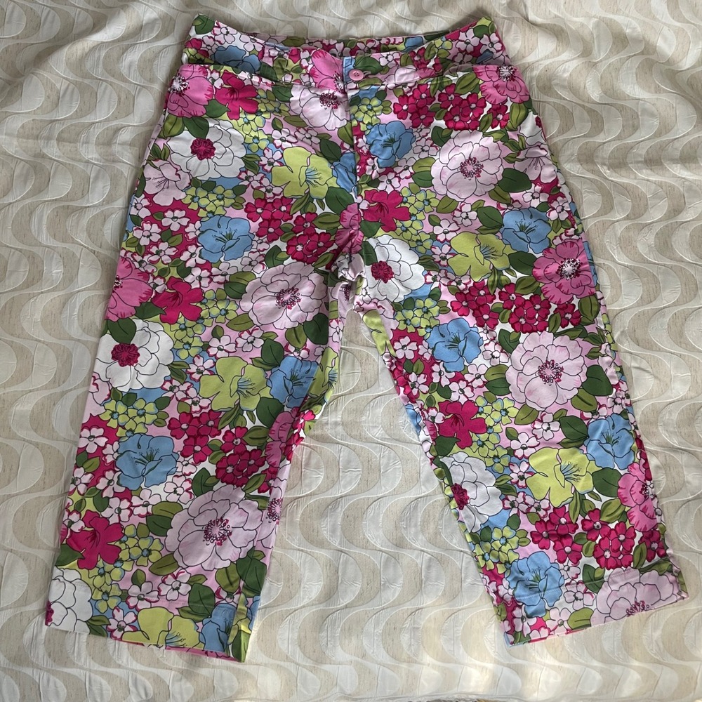 White Stag Womens Floral Capri Pants Pink Blue Green Stretch Cropped Size 16